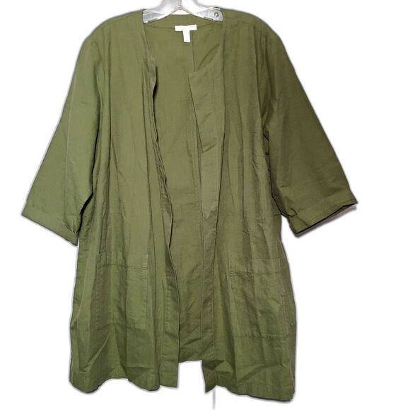 Eileen Fisher Green Open Front Jacket Cardigan Organic Cotton 1X Lagenlook Flowy - Picture 1 of 7